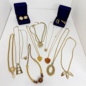 Vintage Gold Tone Necklace & Earring Lot Monet Style Mixed Statement Jewelry